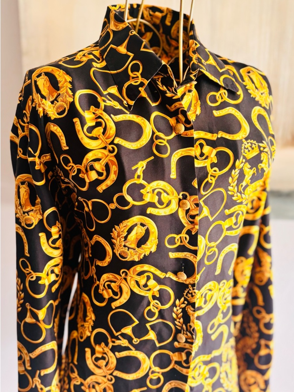 Ritz Saddler Italy 100% Silk Equestrian Horse Bit Print Blouse Size 12